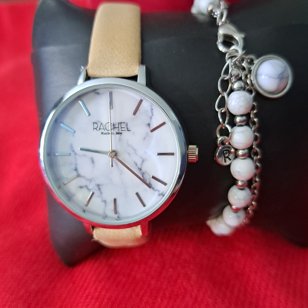 Rachel Women's Silver and Tan Watch with Bracelet Set